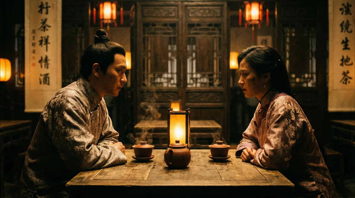 呦呦视频古装剧情片拍摄剧照-茶馆对话场景