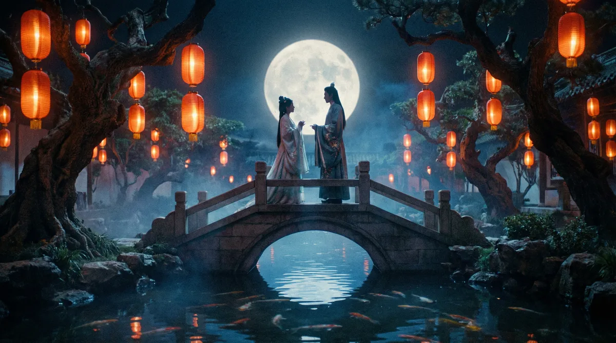 呦呦视频古典爱情片拍摄剧照-月下花园场景